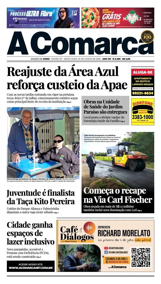 Primeira página da edição 5296 de A Comarca, 27 de junho de 2025