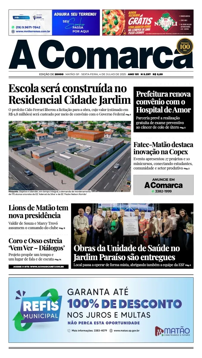 Primeira página da edição 5297 de A Comarca, 4 de julho de 2025