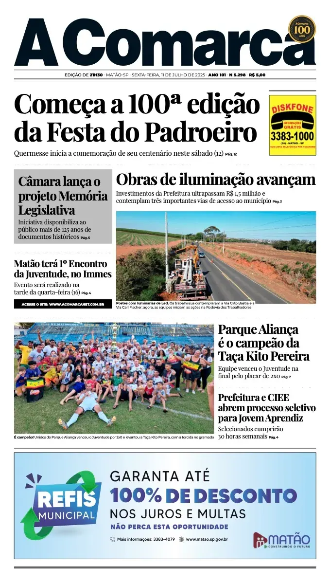 Primeira página da edição 5298 de A Comarca, 11 de julho de 2025