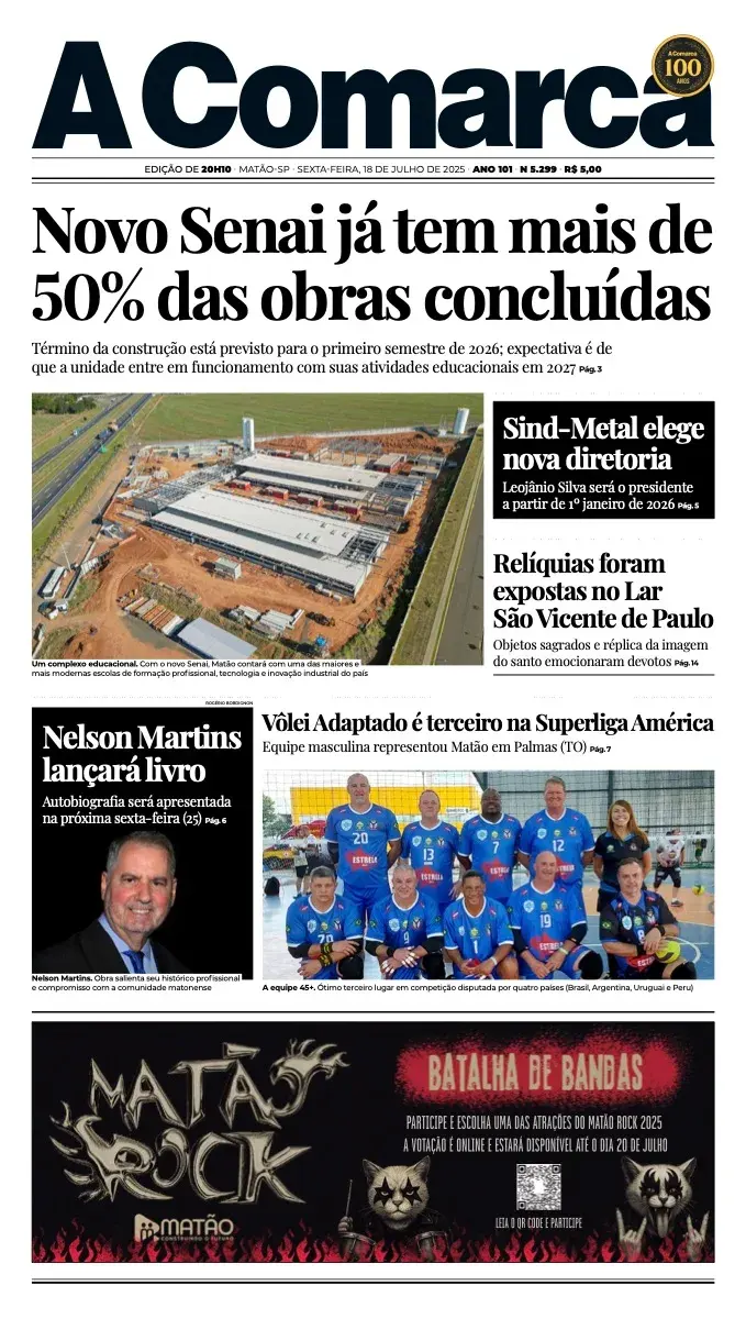Primeira página da edição 5299 de A Comarca, 18 de julho de 2025