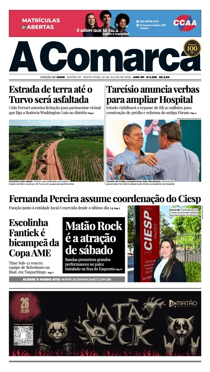 Primeira página da edição 5300 de A Comarca, 25 de julho de 2025