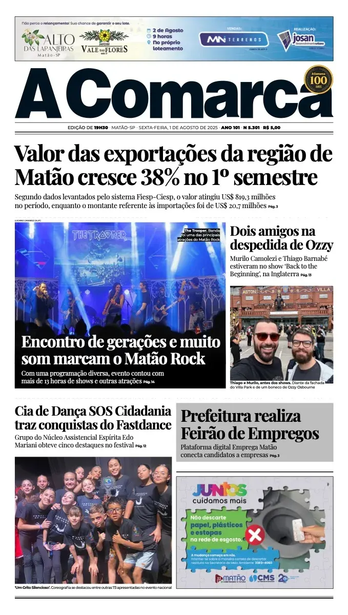 Primeira página da edição 5301 de A Comarca, 1 de agosto de 2025