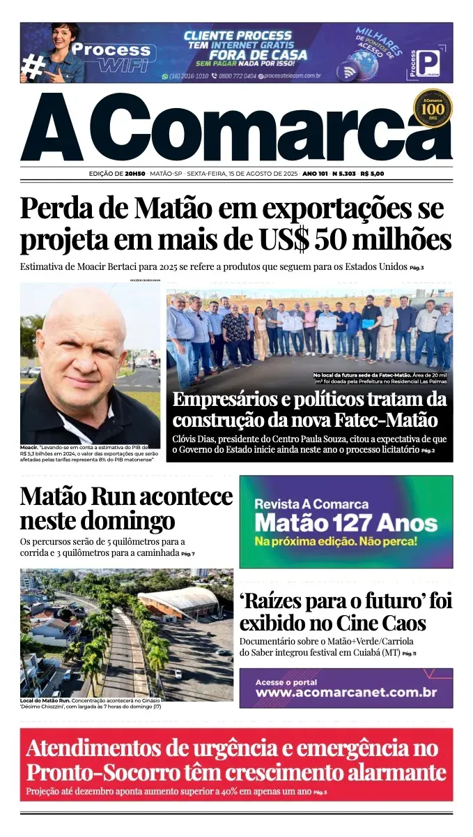 Primeira página da edição 5303 de A Comarca, 15 de agosto de 2025