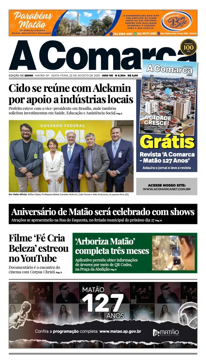 Primeira página da edição 5304 de A Comarca, 22 de agosto de 2025