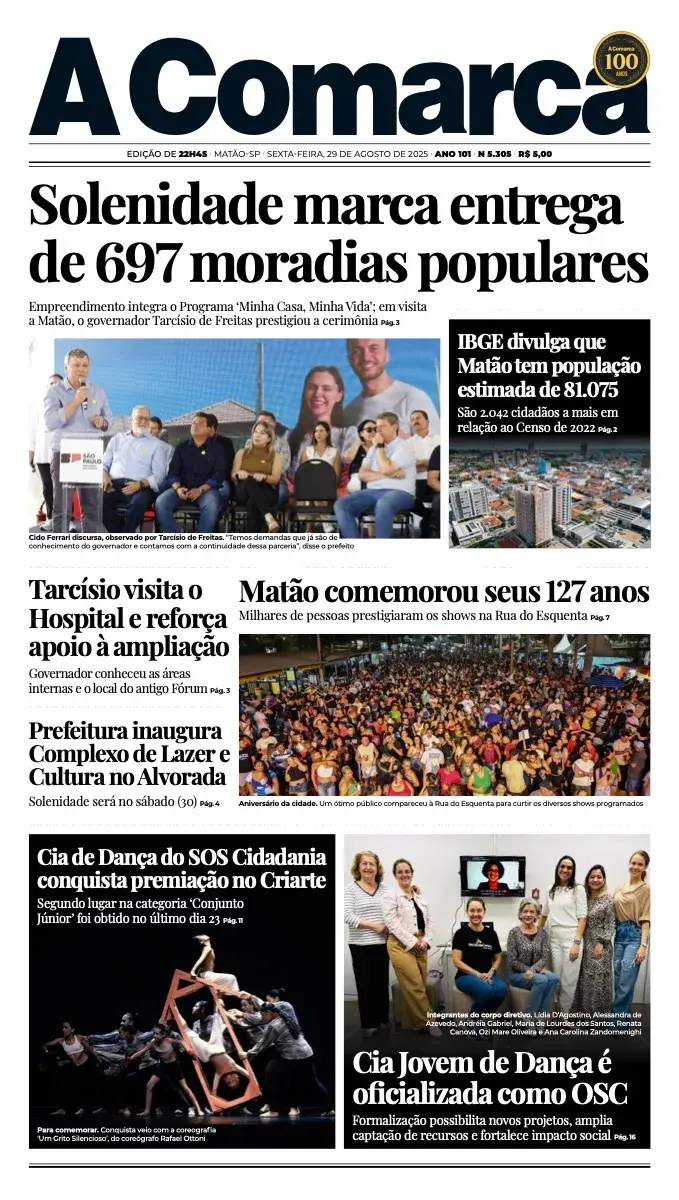 Primeira página da edição 5305 de A Comarca, 29 de agosto de 2025