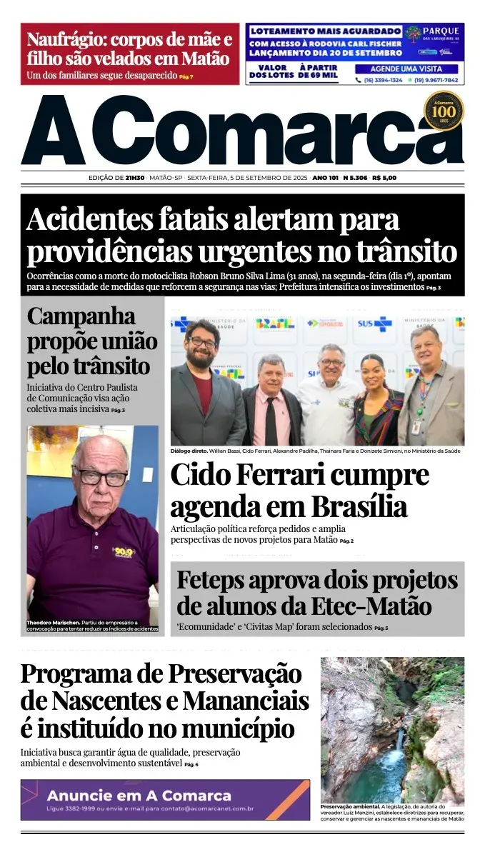 Primeira página da edição 5306 de A Comarca, 5 de setembro de 2025