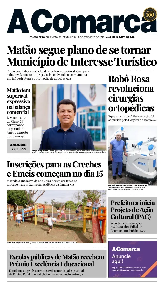 Primeira página da edição 5307 de A Comarca, 12 de setembro de 2025
