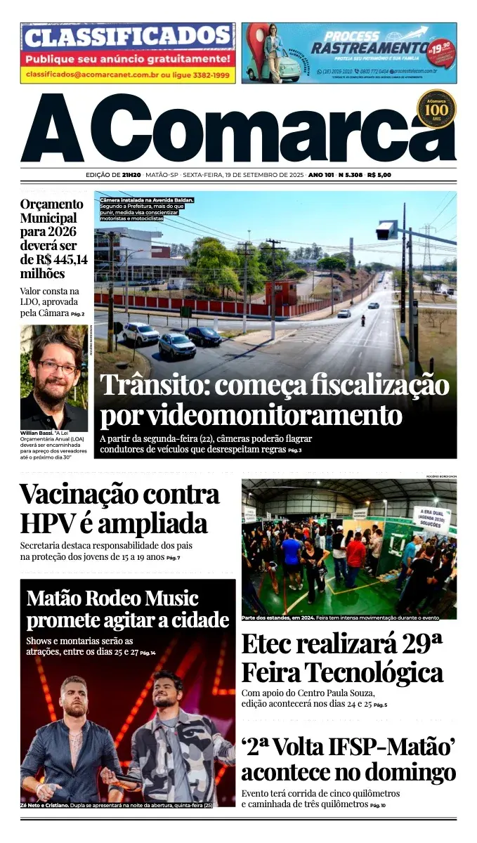 Primeira página da edição 5308 de A Comarca, 19 de setembro de 2025