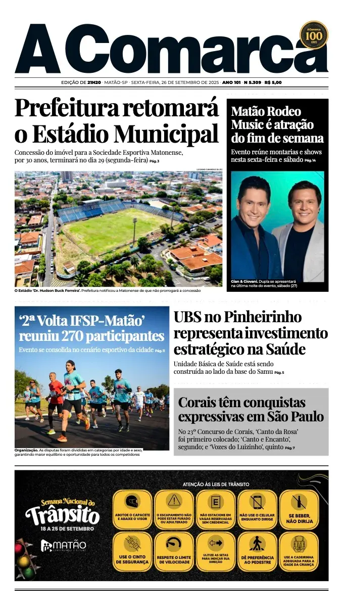 Primeira página da edição 5309 de A Comarca, 26 de setembro de 2025