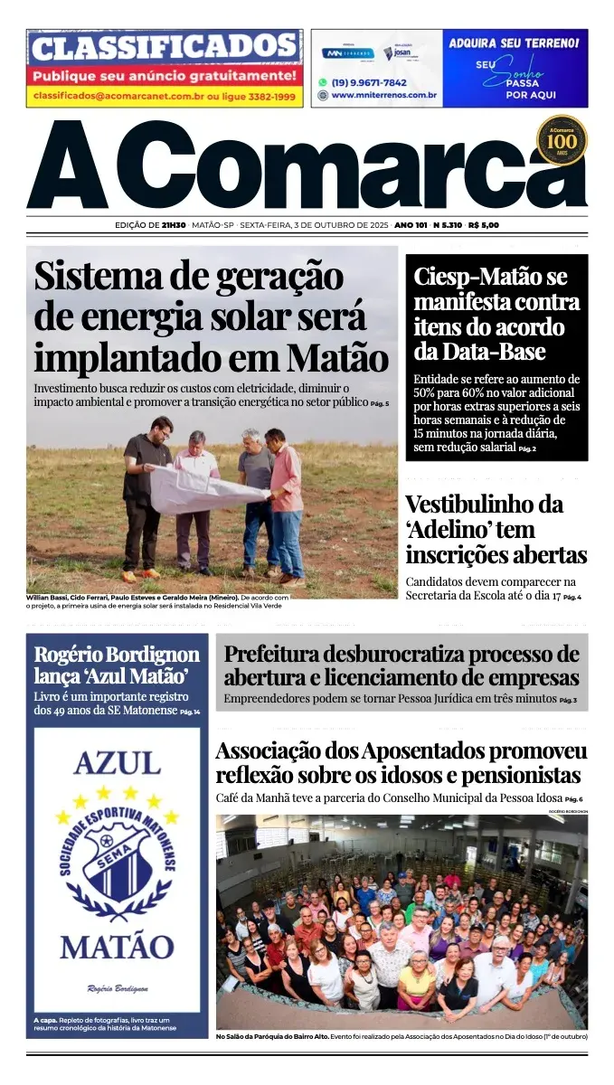 Primeira página da edição 5310 de A Comarca, 3 de outubro de 2025