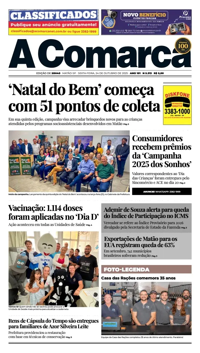 Primeira página da edição 5313 de A Comarca, 24 de outubro de 2025