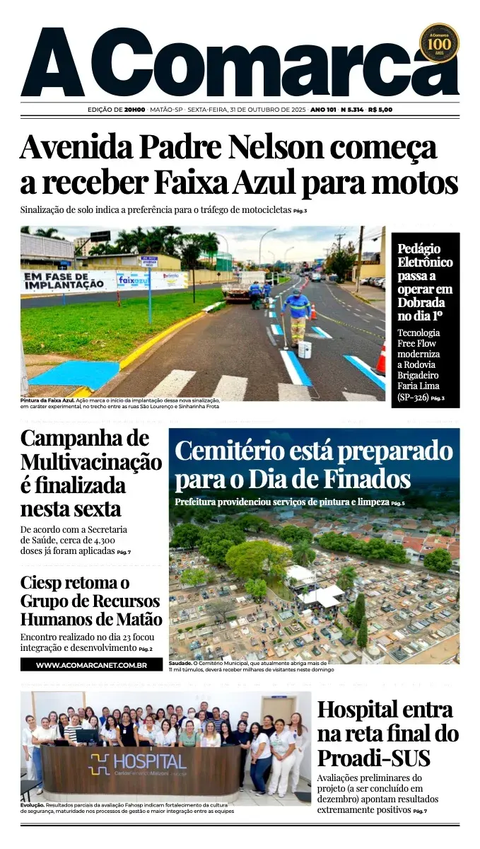 Primeira página da edição 5314 de A Comarca, 31 de outubro de 2025