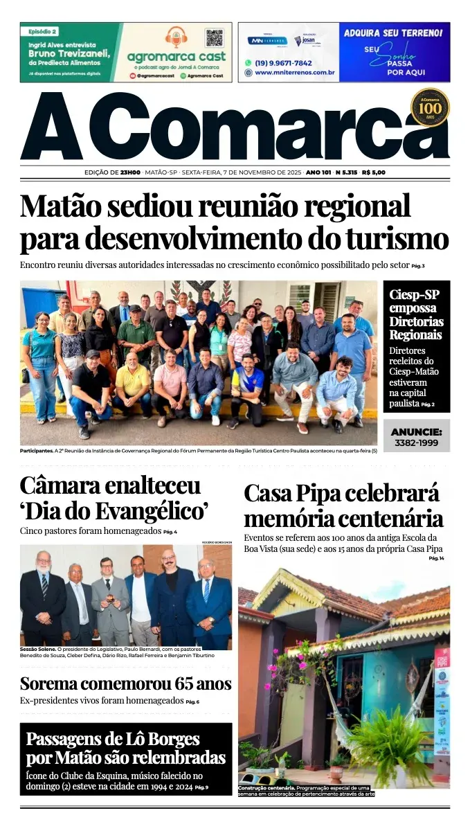 Primeira página da edição 5315 de A Comarca, 7 de novembro de 2025