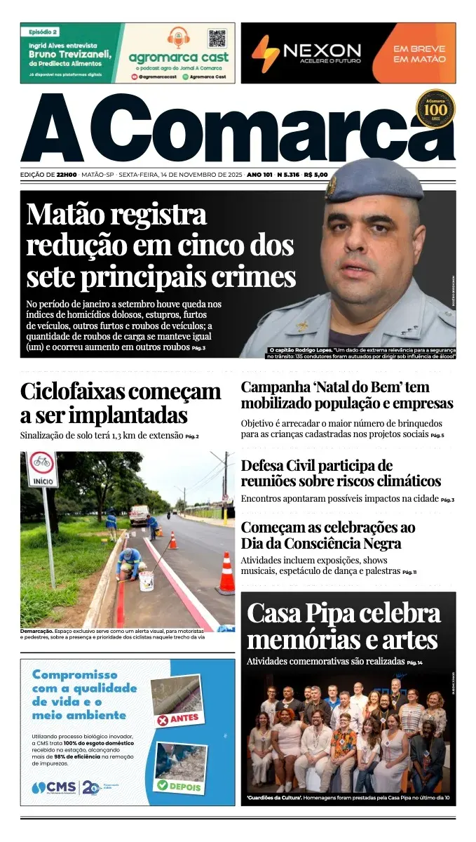 Primeira página da edição 5316 de A Comarca, 14 de novembro de 2025