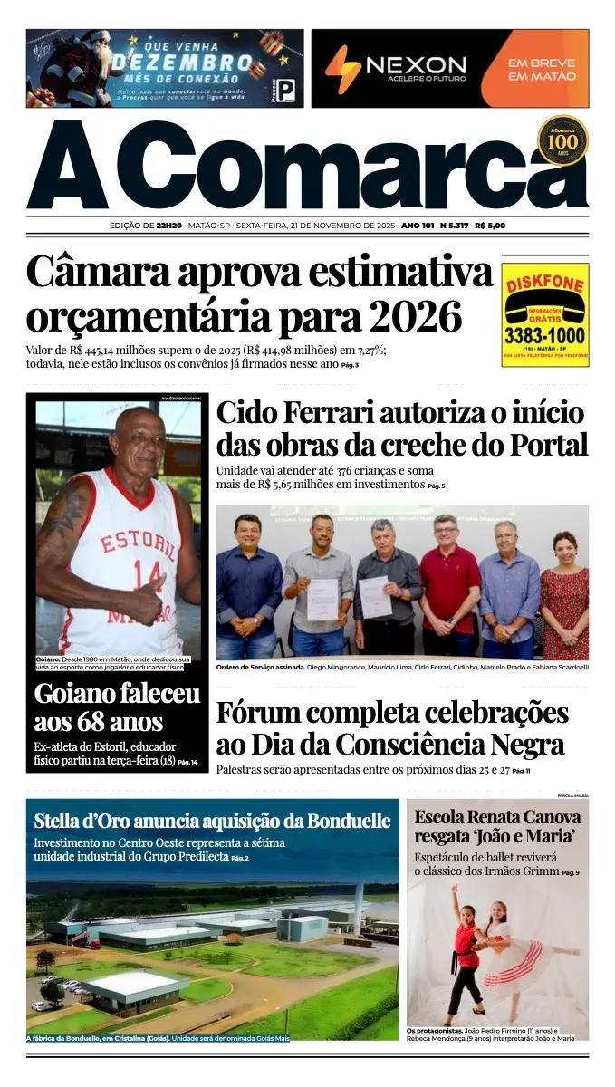 Primeira página da edição 5317 de A Comarca, 21 de novembro de 2025
