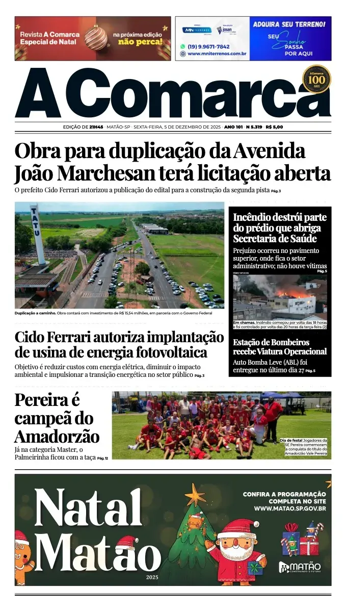Primeira página da edição 5319 de A Comarca, 5 de dezembro de 2025