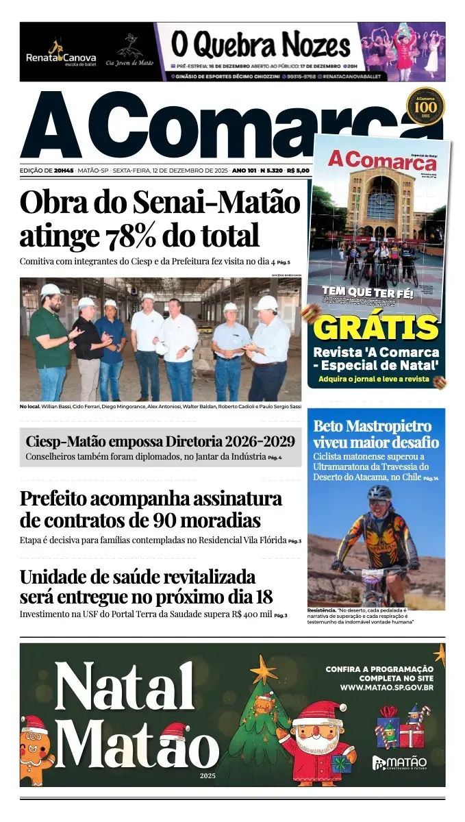 Primeira página da edição 5320 de A Comarca, 12 de dezembro de 2025