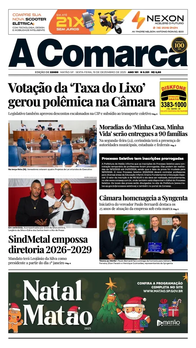 Primeira página da edição 5321 de A Comarca, 19 de dezembro de 2025