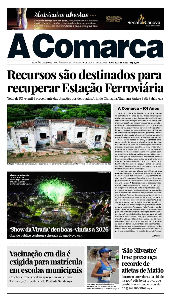 Primeira página da edição 5323 de A Comarca, 9 de janeiro de 2026