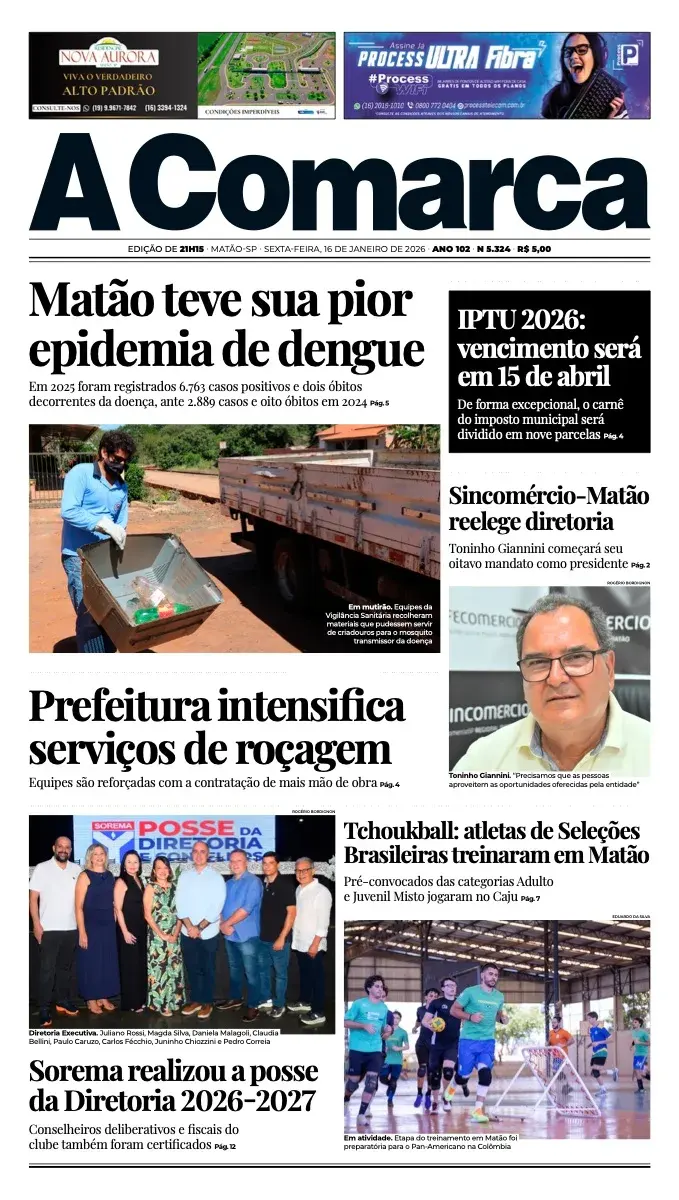 Primeira página da edição 5324 de A Comarca, 16 de janeiro de 2026