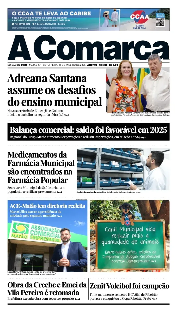 Primeira página da edição 5325 de A Comarca, 23 de janeiro de 2026