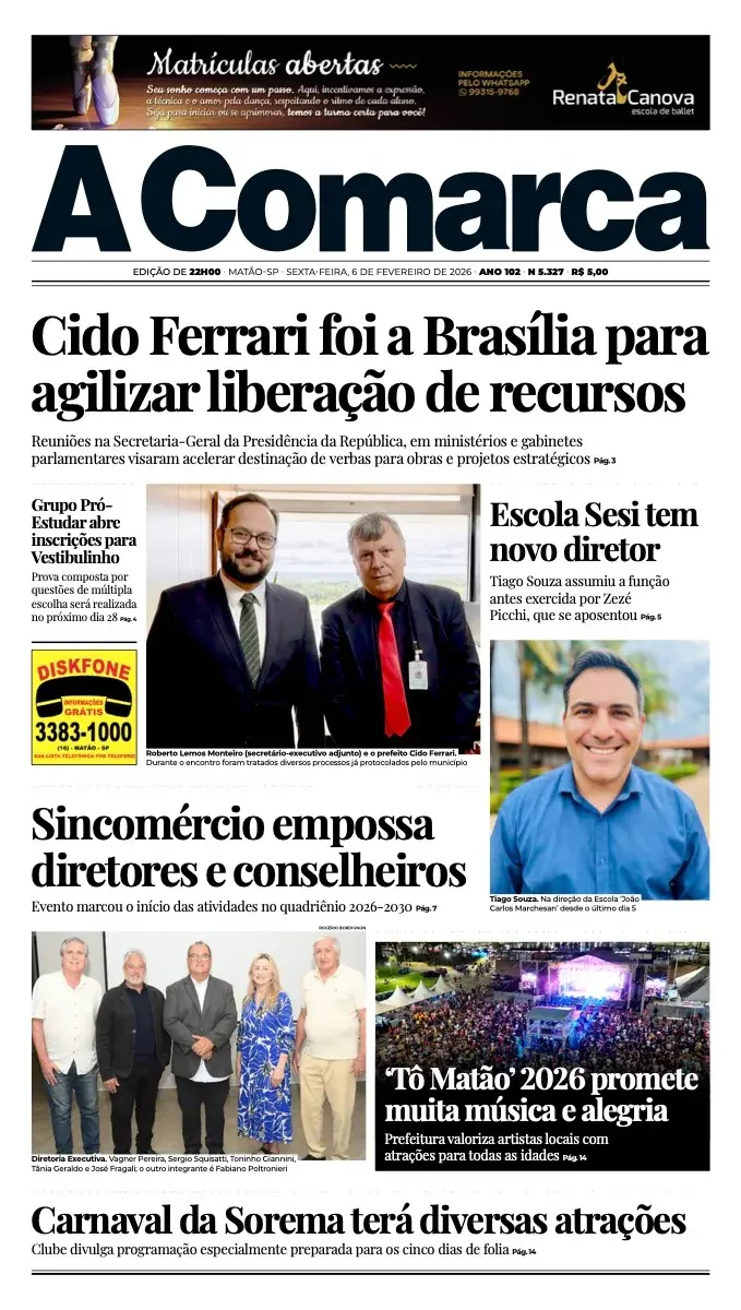 Primeira página da edição 5327 de A Comarca, 6 de fevereiro de 2026