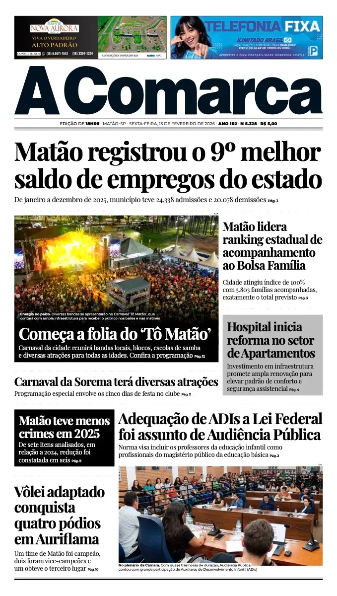 Primeira página da edição 5328 de A Comarca, 13 de fevereiro de 2026