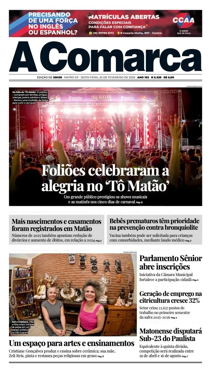 Primeira página da edição 5329 de A Comarca, 20 de fevereiro de 2026