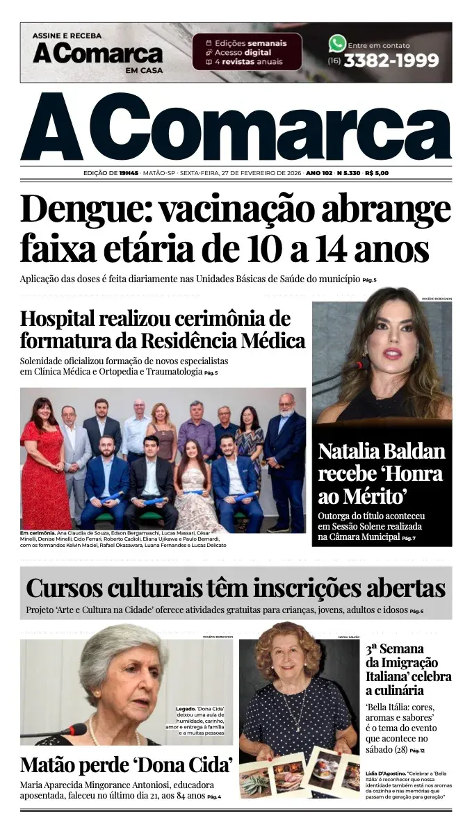 Primeira página da edição 5330 de A Comarca, 27 de fevereiro de 2026