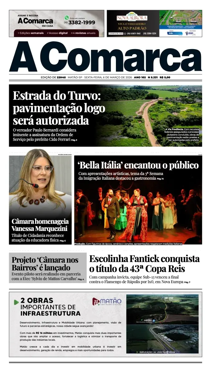 Primeira página da edição 5331 de A Comarca, 6 de março de 2026