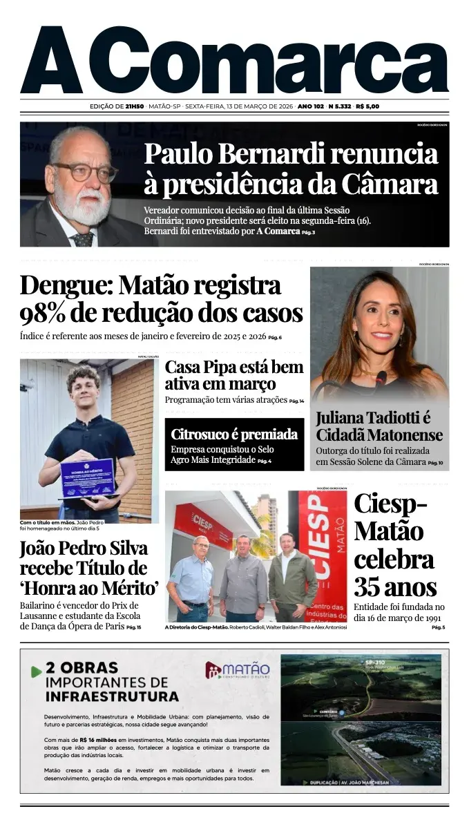 Primeira página da edição 5332 de A Comarca, 13 de março de 2026