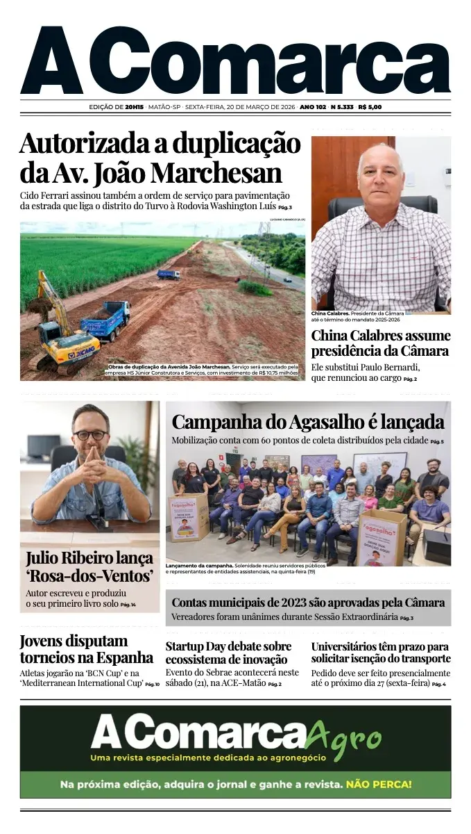 Primeira página da edição 5333 de A Comarca, 20 de março de 2026