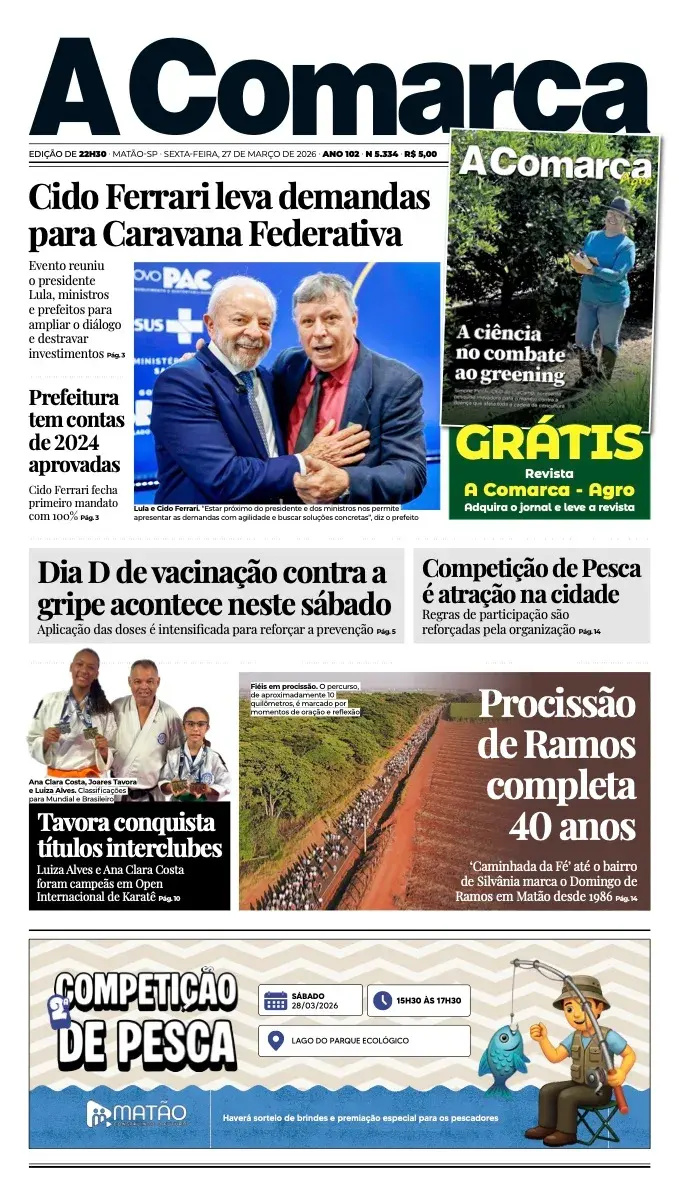 Primeira página da edição 5334 de A Comarca, 27 de março de 2026