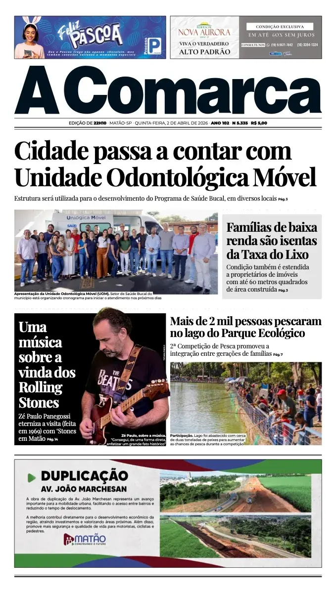 Primeira página da edição 5335 de A Comarca, 3 de abril de 2026