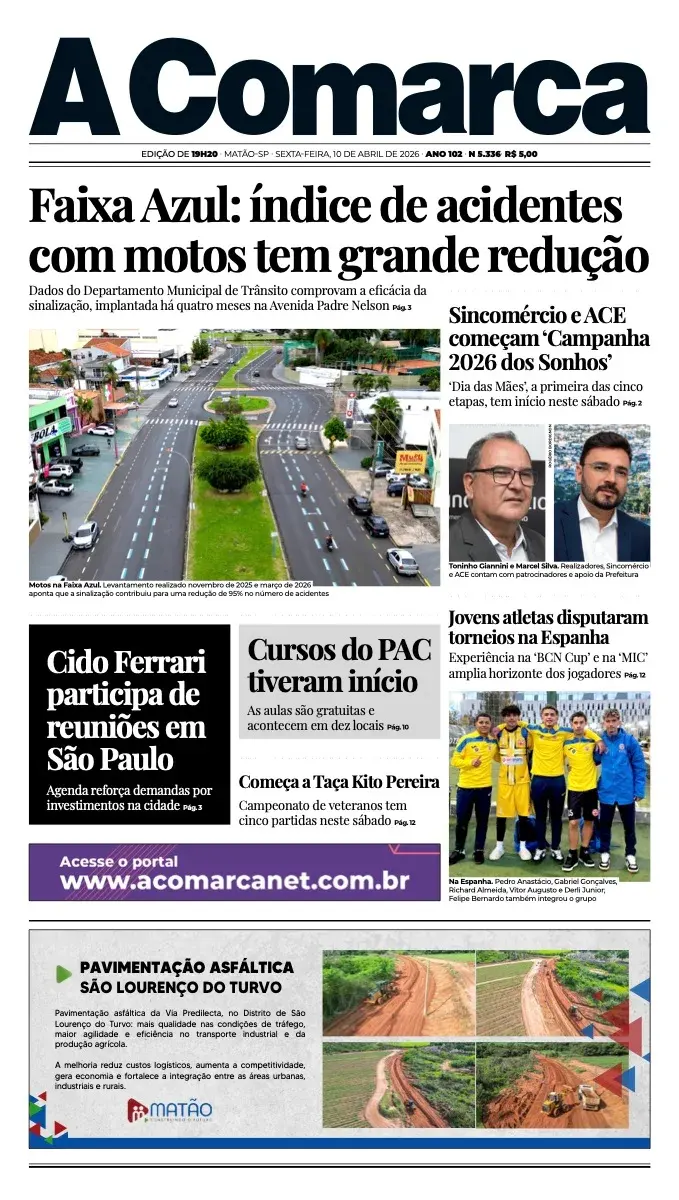 Primeira página da edição 5336 de A Comarca, 10 de abril de 2026