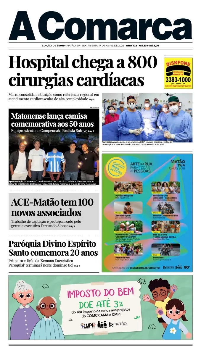 Primeira página da edição 5337 de A Comarca, 17 de abril de 2026