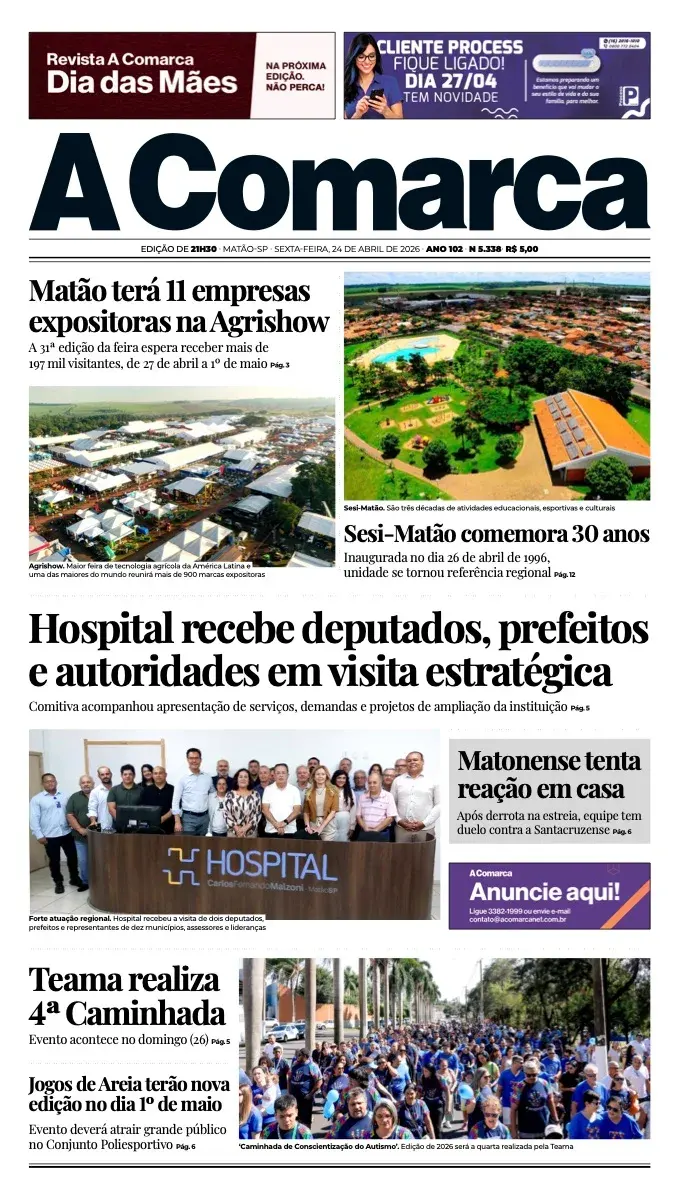 Primeira página da edição 5338 de A Comarca, 24 de abril de 2026