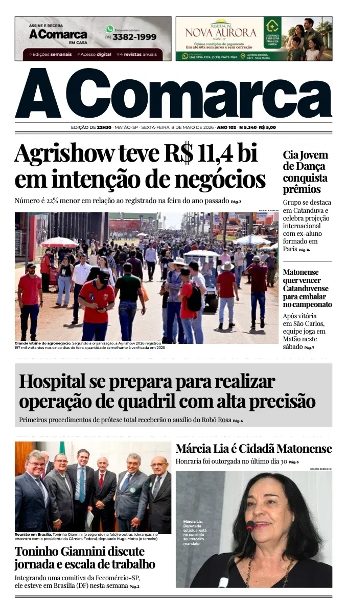 Primeira página da edição 5340 de A Comarca, 8 de maio de 2026