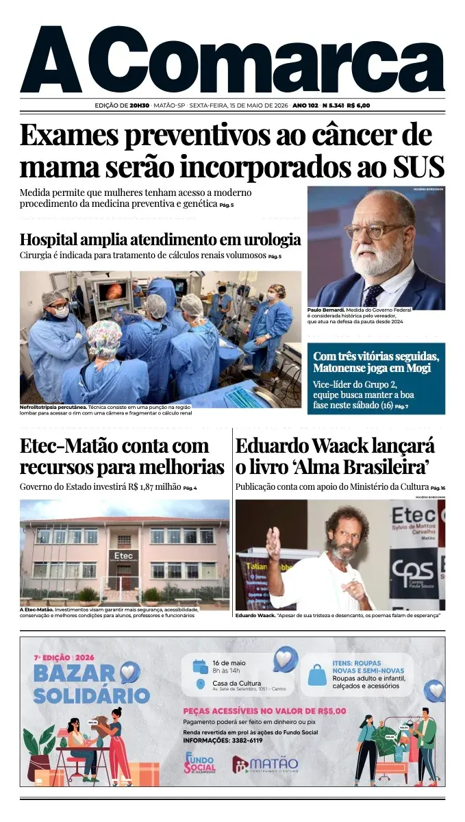 Primeira página da edição 5341 de A Comarca, 15 de maio de 2026