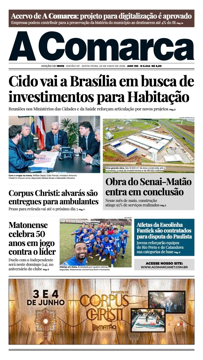Primeira página da edição 5342 de A Comarca, 22 de maio de 2026