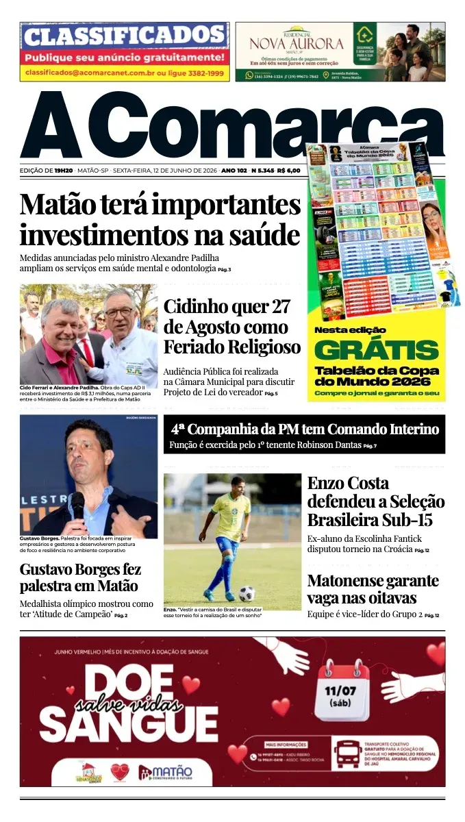 Primeira página da edição 5345 de A Comarca, 12 de junho de 2026