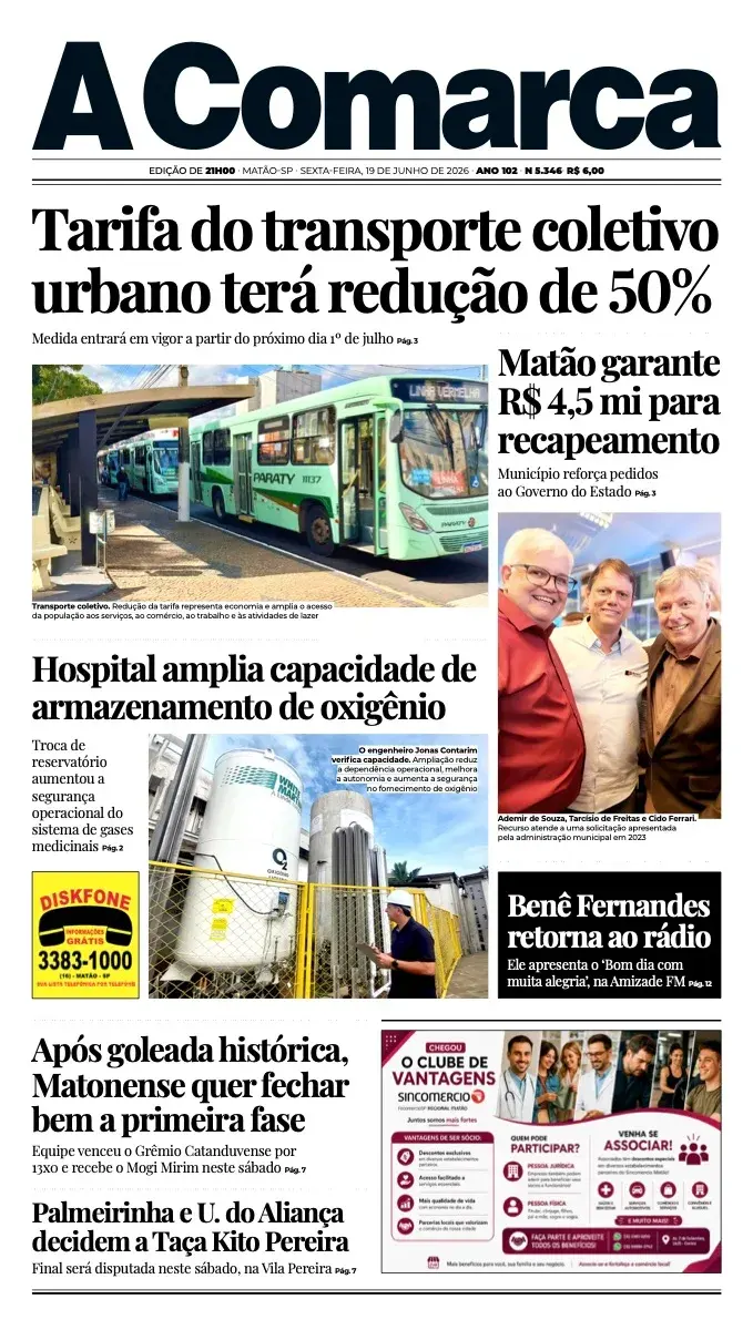 Primeira página da edição 5346 de A Comarca, 19 de junho de 2026