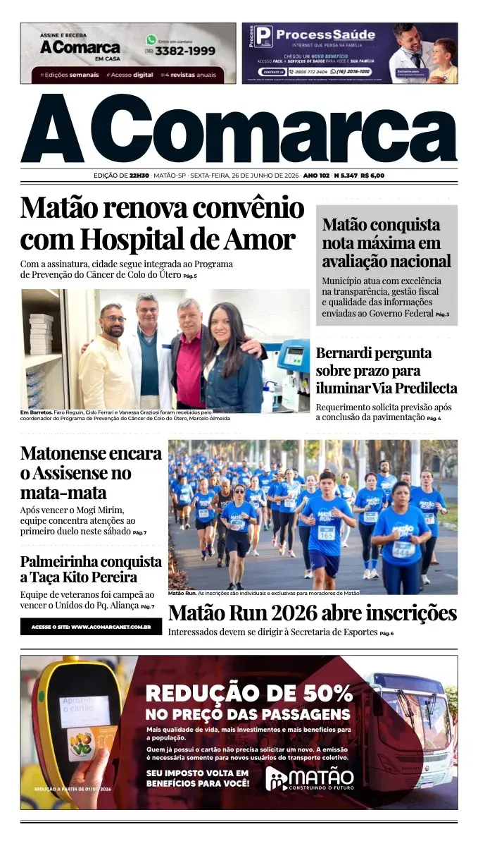 Primeira página da edição 5347 de A Comarca, 26 de junho de 2026
