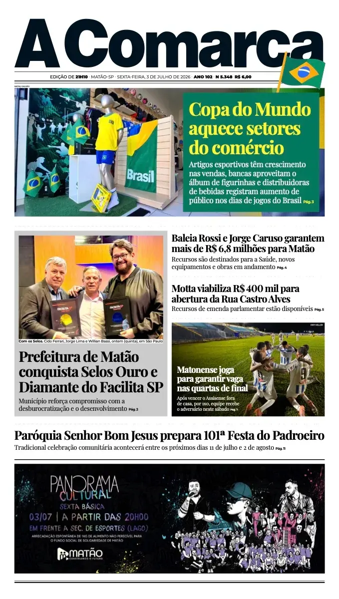 Primeira página da edição 5348 de A Comarca, 3 de julho de 2026