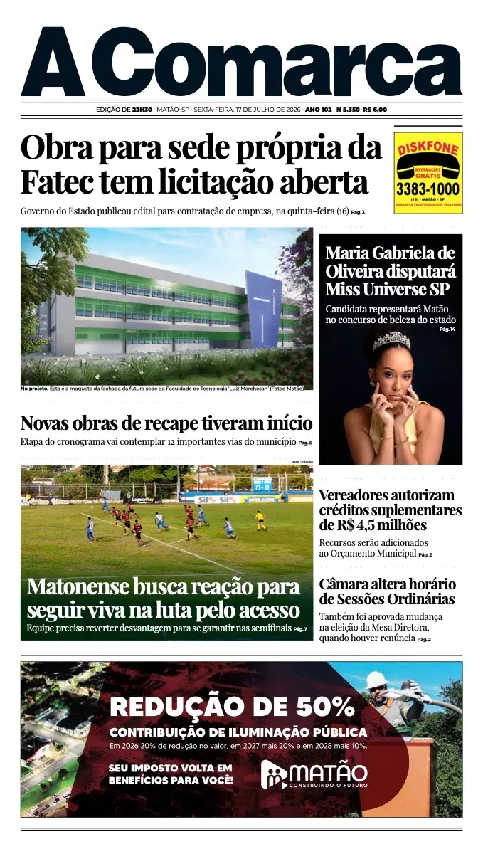 Primeira página da edição 5350 de A Comarca, 17 de julho de 2026