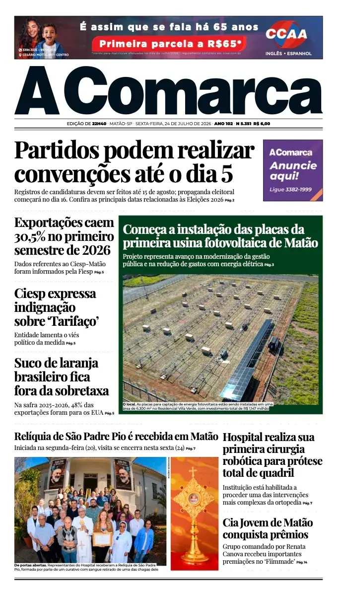 Primeira página da edição 5351 de A Comarca, 24 de julho de 2026