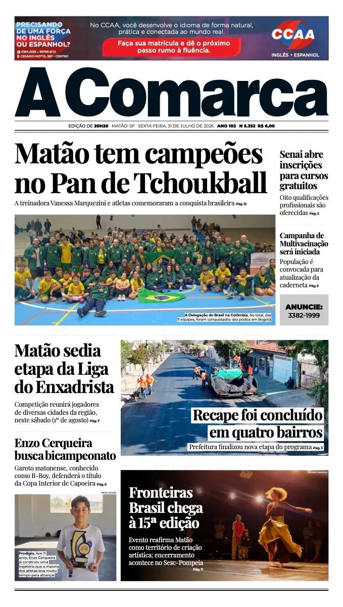 Primeira página da edição 5352 de A Comarca, 31 de julho de 2026