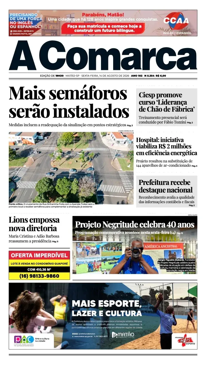 Primeira página da edição 5354 de A Comarca, 14 de agosto de 2026
