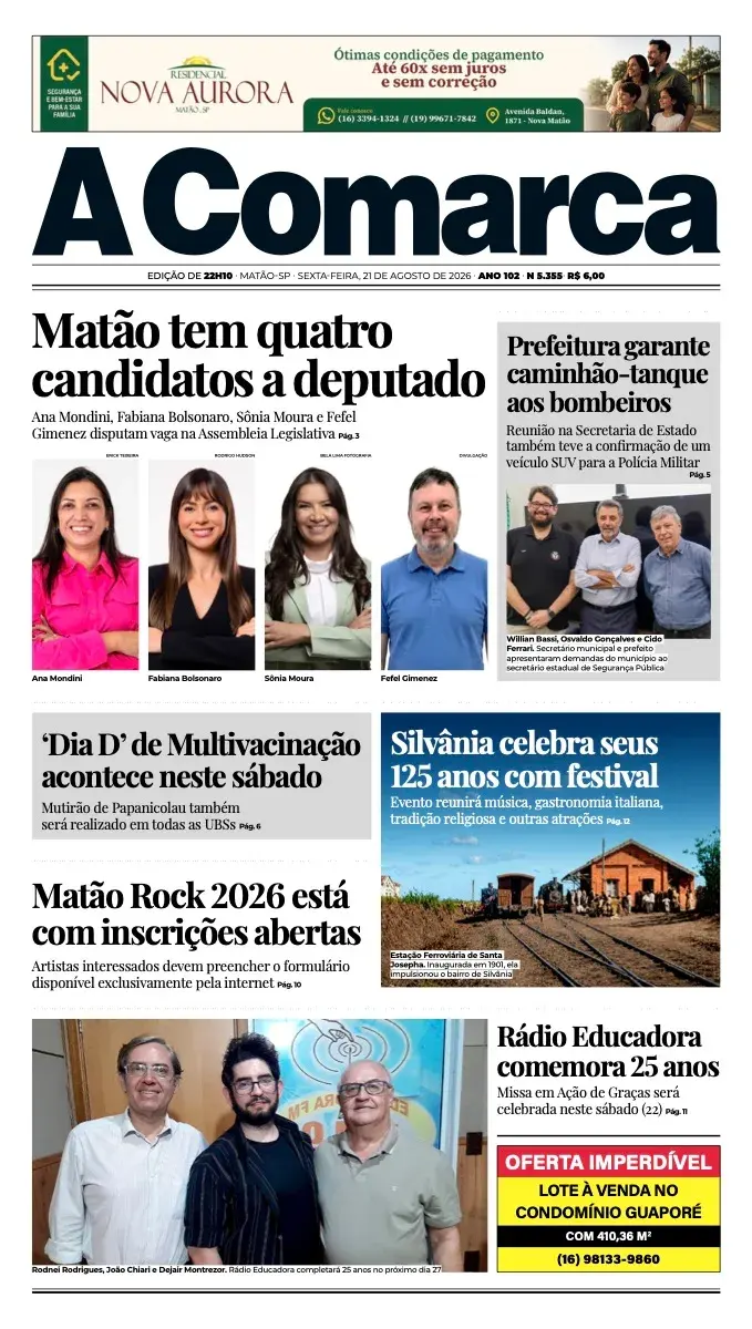 Primeira página da edição 5355 de A Comarca, 21 de agosto de 2026