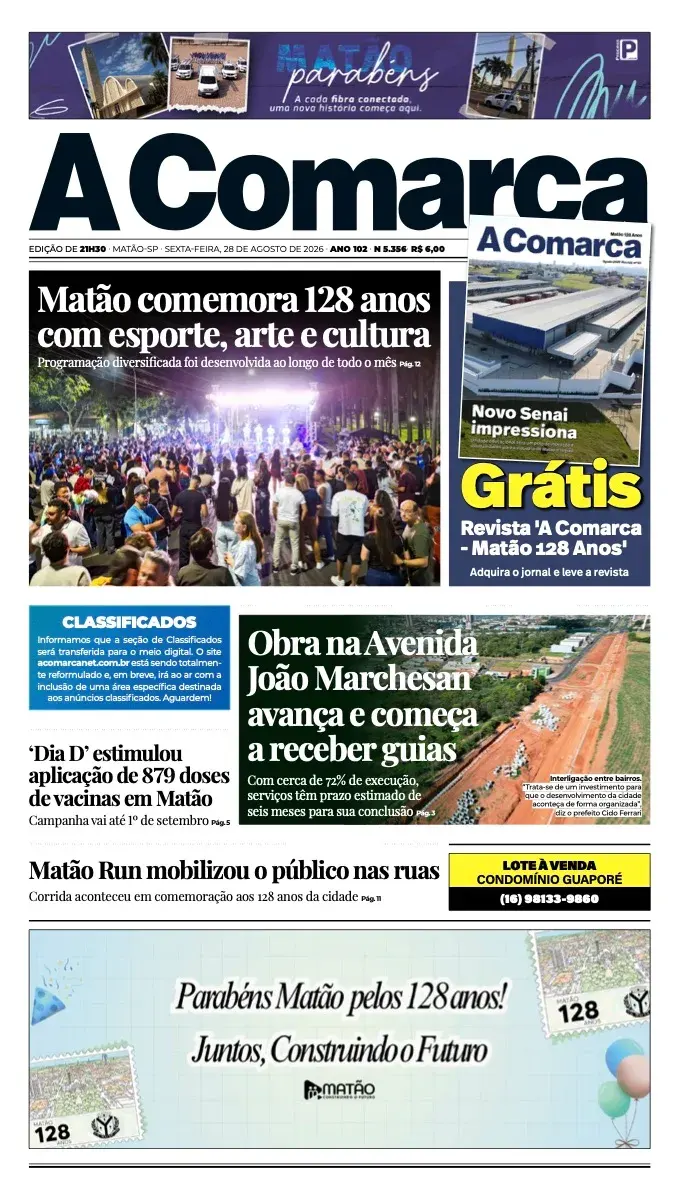 Primeira página da edição 5356 de A Comarca, 28 de agosto de 2026